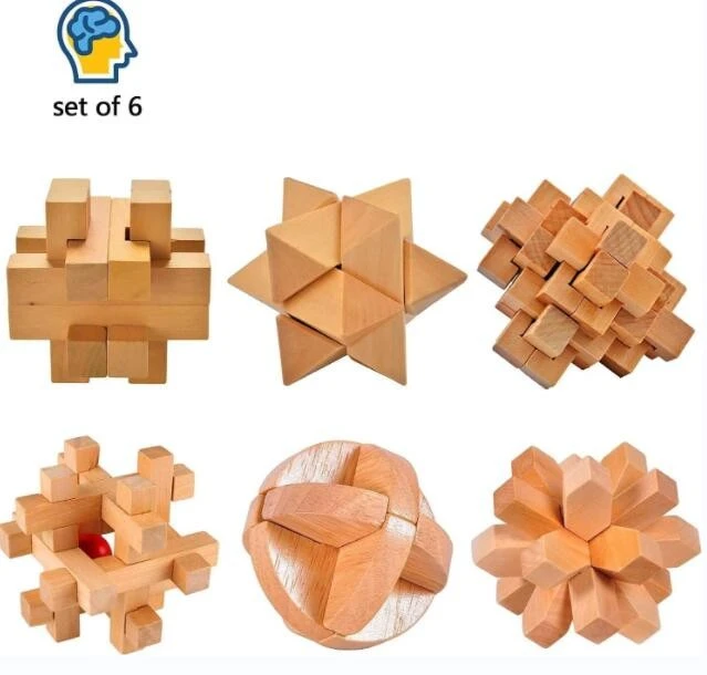 3D Bamboo Brain Teasers Educational Games 9 Puzzles Set With Wooden Box